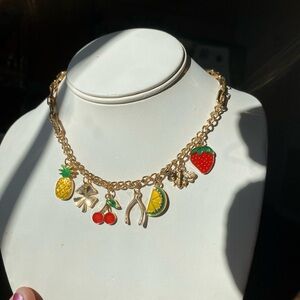 NWT Paparazzi Goldtone Necklace with Fruit Charms & Bee Earring Set 🍋🍓🐝🍍🍒🍀🧞‍♂️